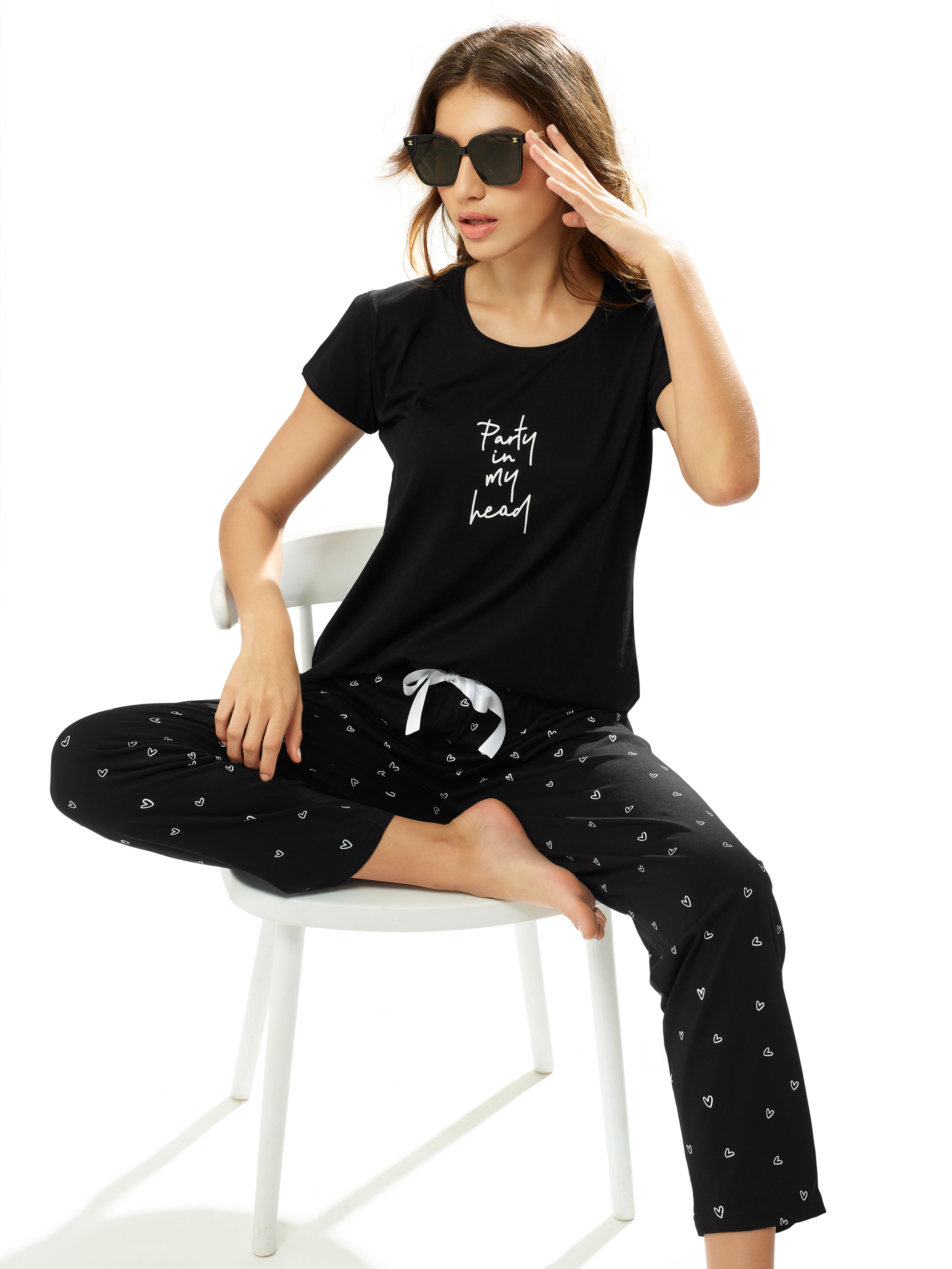 LOTIK Women's Cotton Heart Printed Half Sleeve Top & Payjama Nightsuit Set