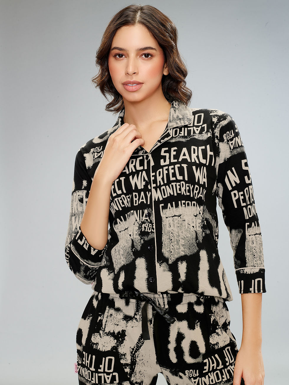 Thumbnail: LOTIK Women's Cotton Geomatric Printed Full Sleeve Front Open Nightsuit Set