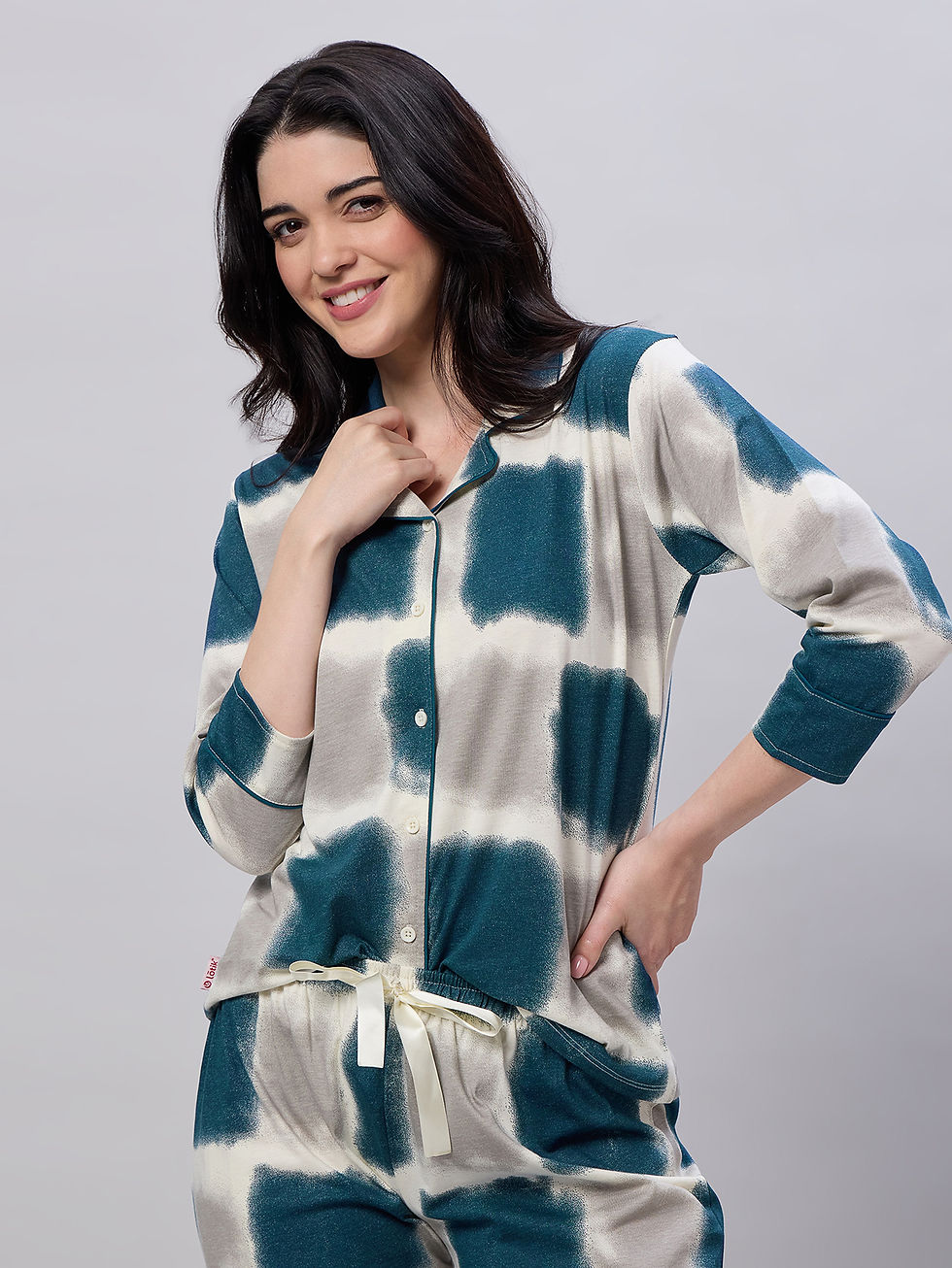 Thumbnail: LOTIK Women's Cotton Colourblock Printed Full Sleeve Front Open Nightsuit Set