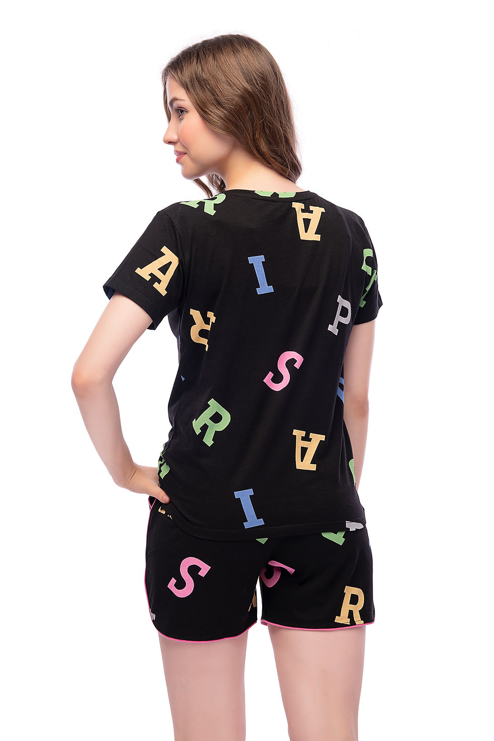 Thumbnail: LOTIK Women's Cotton Alphabet Printed Half Sleeve Top & Shorts Nightsuit Set