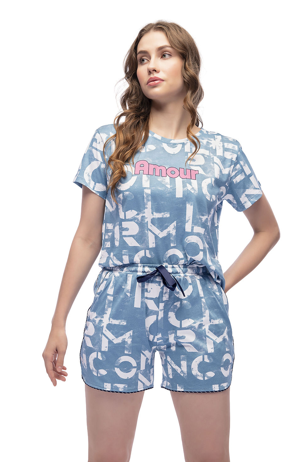 Thumbnail: LOTIK Women's Cotton Geomatric Printed Half Sleeve Top & Shorts Nightsuit Set