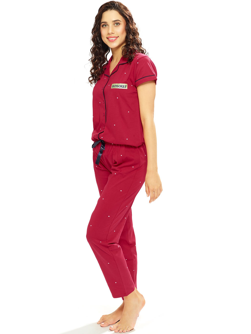 Thumbnail: LOTIK Women's Cotton Heart Printed Half Sleeve Front Open Nightsuit Set