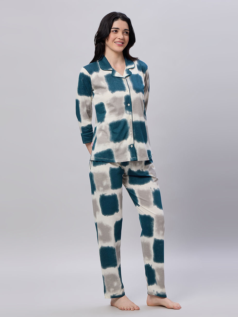 Thumbnail: LOTIK Women's Cotton Colourblock Printed Full Sleeve Front Open Nightsuit Set
