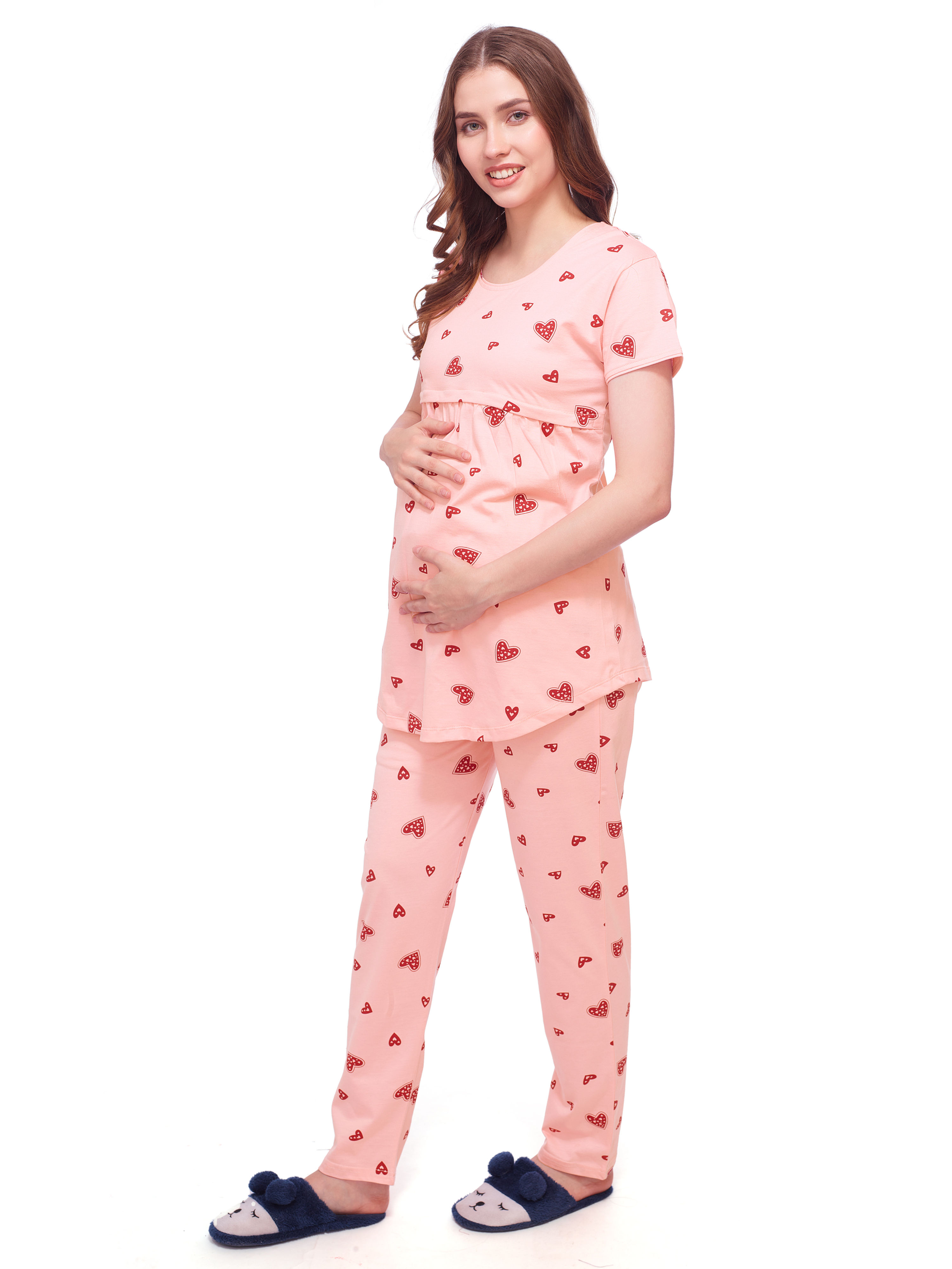 Lotik's Women Cotton Heart Printed Maternity Night Suit Set