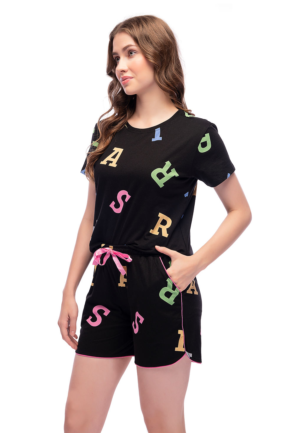 Thumbnail: LOTIK Women's Cotton Alphabet Printed Half Sleeve Top & Shorts Nightsuit Set