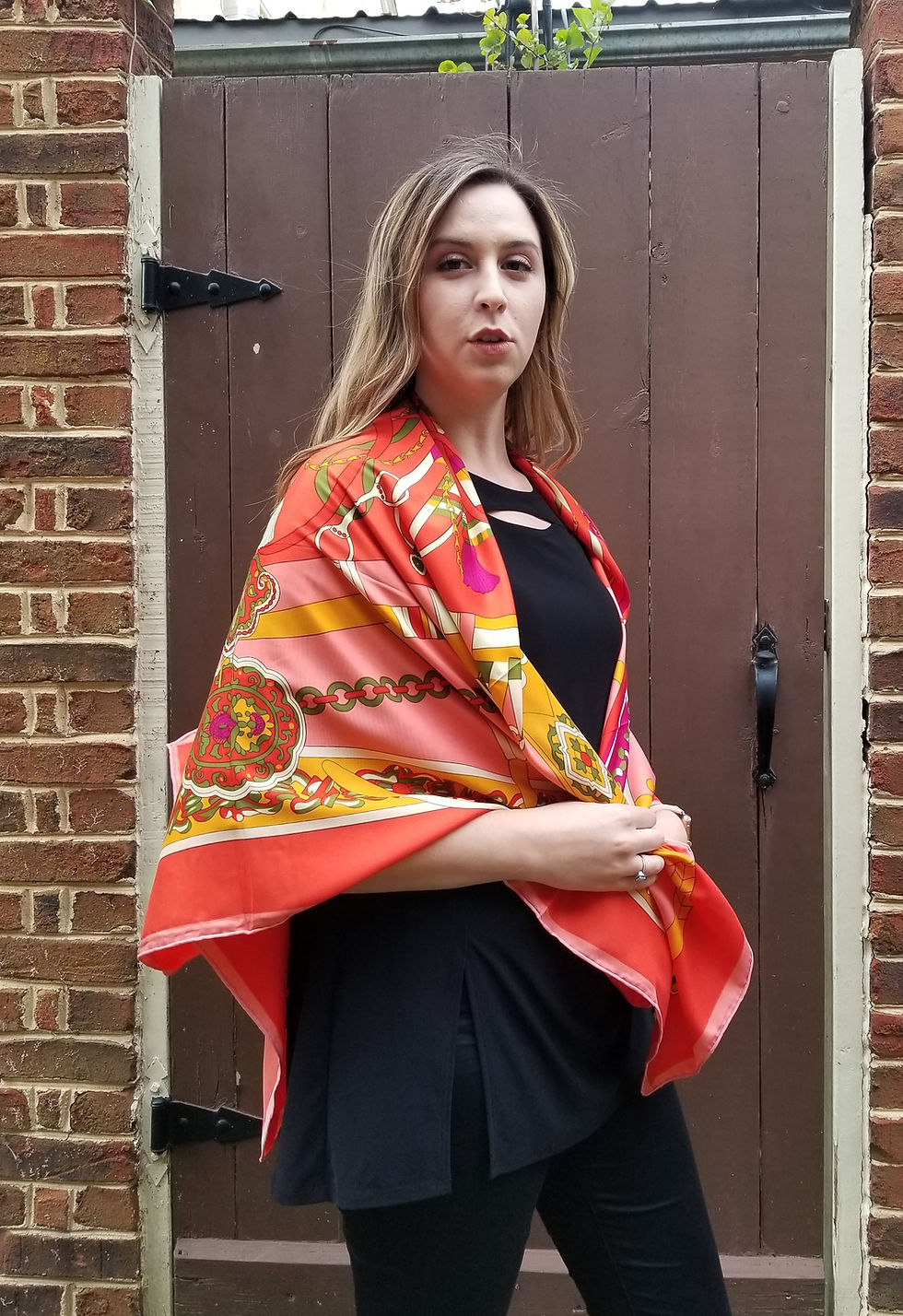 Thumbnail: Silk Scarf/Evening Shawl - Orange, Gold, and Green Medallion