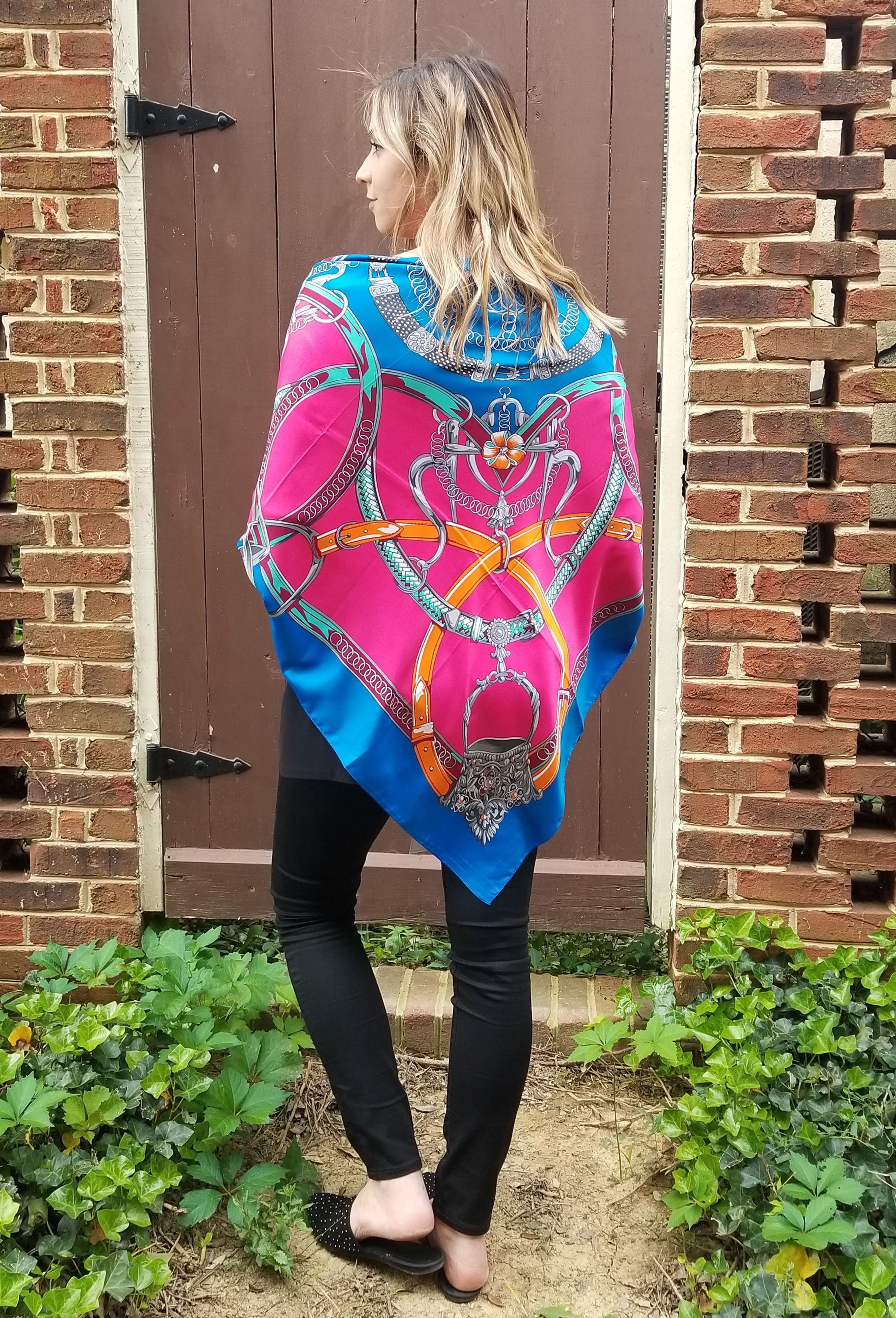 Silk Scarf/Evening Shawl - Blue, Pink, and Orange Equestrian