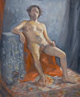 peinture à l'huile d'un nu masculin tissu rouge sur fond bleu