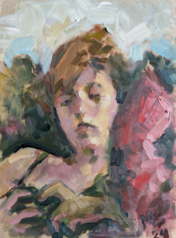 portrait de Chloé avec coussin rouge