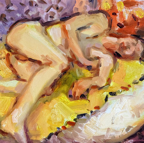 nu d'homme allongé sur drap jaune et fond lila