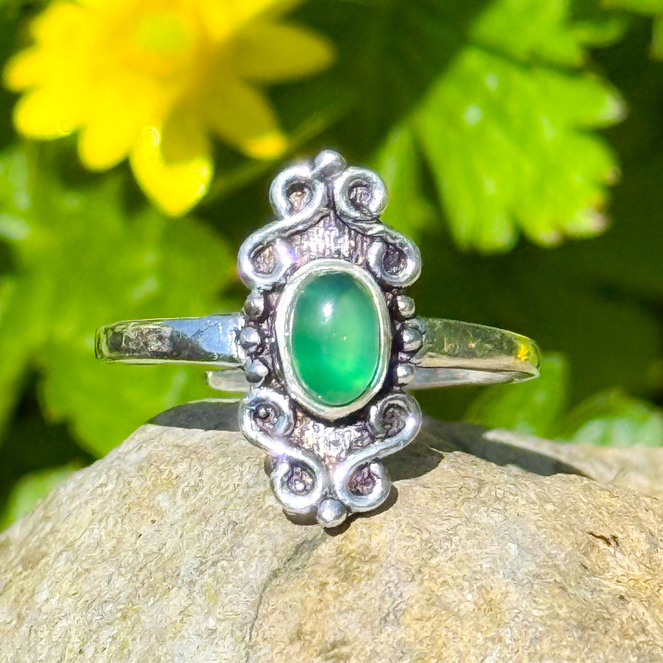 Green Jasper Silver Kavach Ring