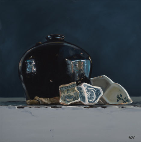 still life oil painting of an antique black ceramic pot with sea pottery shards and a dusty blue background