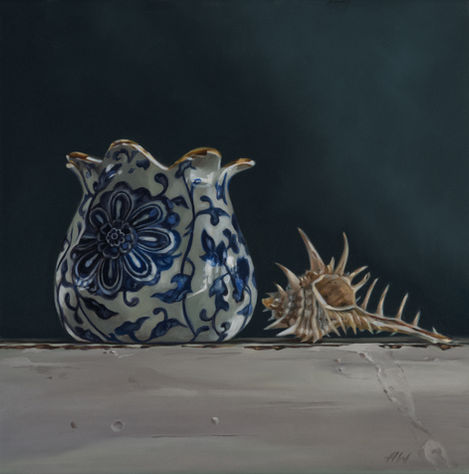 Still life oil painting of a spiny shell and a blue and white vase on a blue background