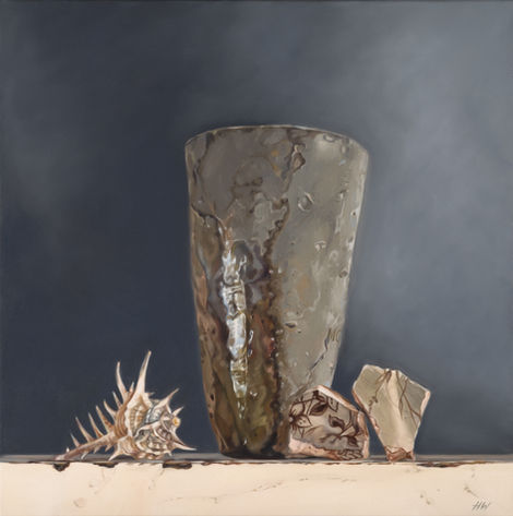 Still life oil painting of a gold crucible earthenware beaker with a spiny sea shell and pottery shards