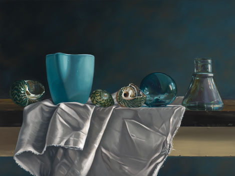 still life oil painting of an aqua jug on a bench with an antique ink bottle, a glass float and three periwinkle shells, all sitting on a white cloth with dramatic lighting