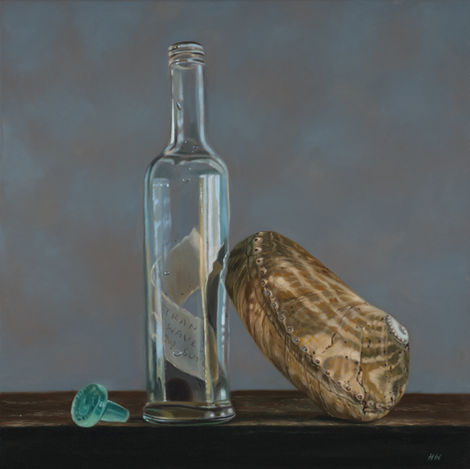 still life oil painting of a message in a bottle with an abalone shell and a glass bottle stopper on a wooden bench with a mid grey background