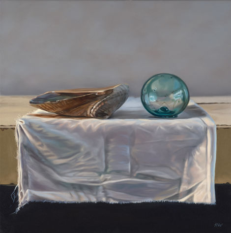 still life oil painting of an abalone shell in profile and a glass float sitting on a white cloth. The painting is beautifully rendered in early morning, soft light