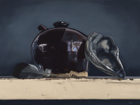 still life oil painting of an antique black ceramic pot with a black and white feather, a grey oyster shell and a dusty blue background