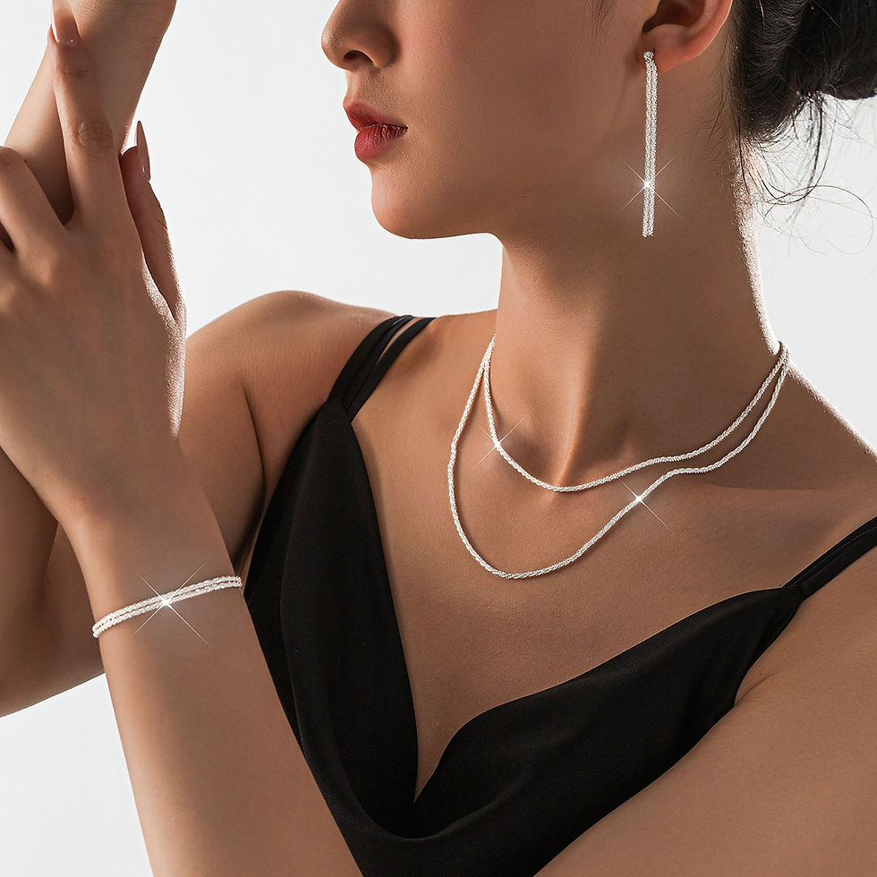 Miniatura: Set of Shiny Silver Plated Collarbone Chain Necklace Bracelet Jewelry, Women's M