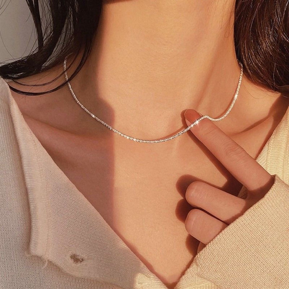 Miniatura: Set of Shiny Silver Plated Collarbone Chain Necklace Bracelet Jewelry, Women's M