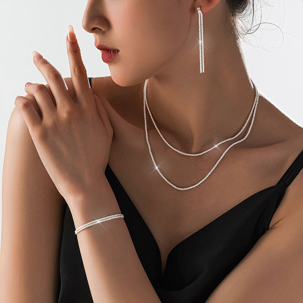 Miniatura: Set of Shiny Silver Plated Collarbone Chain Necklace Bracelet Jewelry, Women's M
