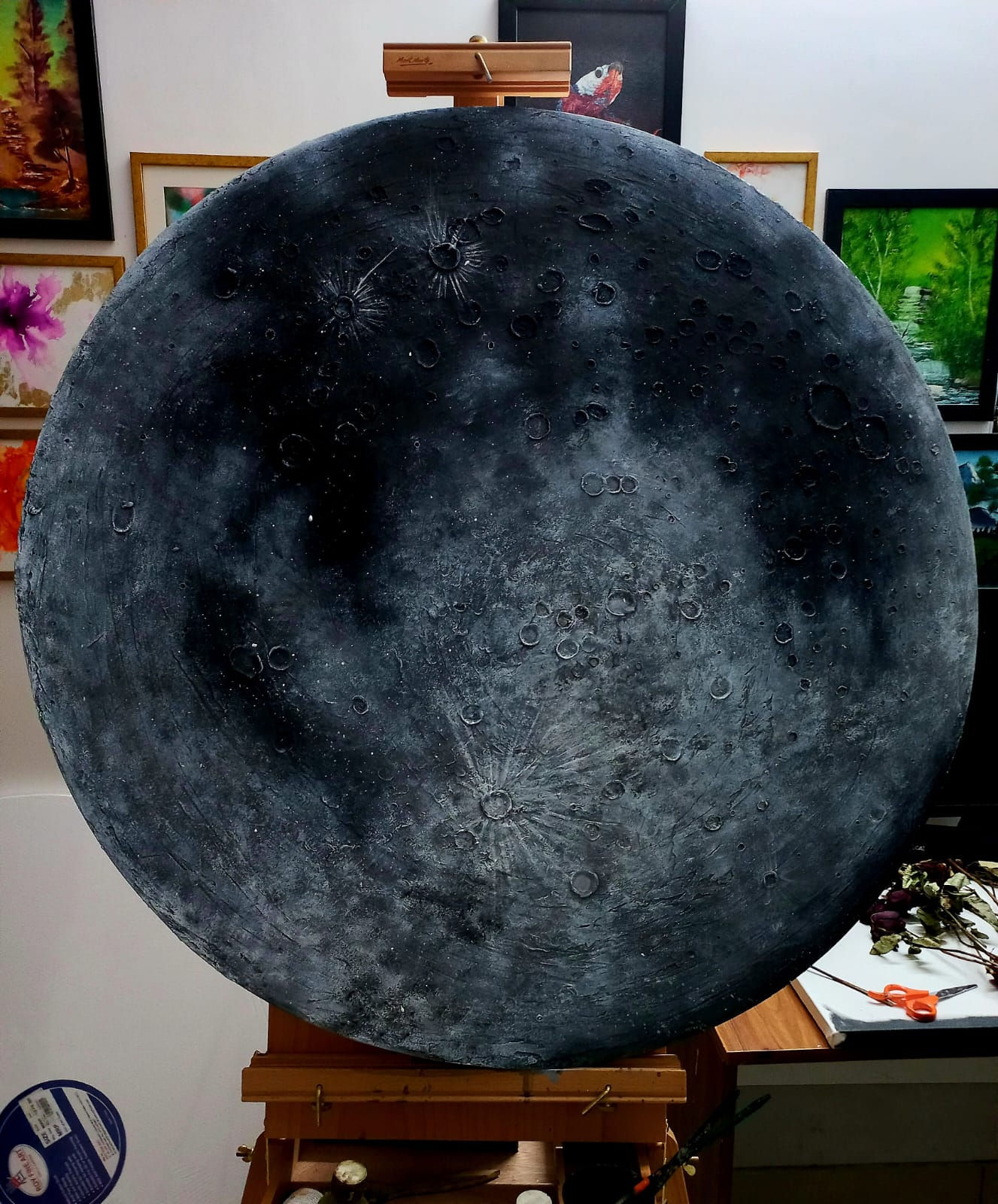 3D moon wall art painting titled 'To the Moon and Back' showing textured lunar surface