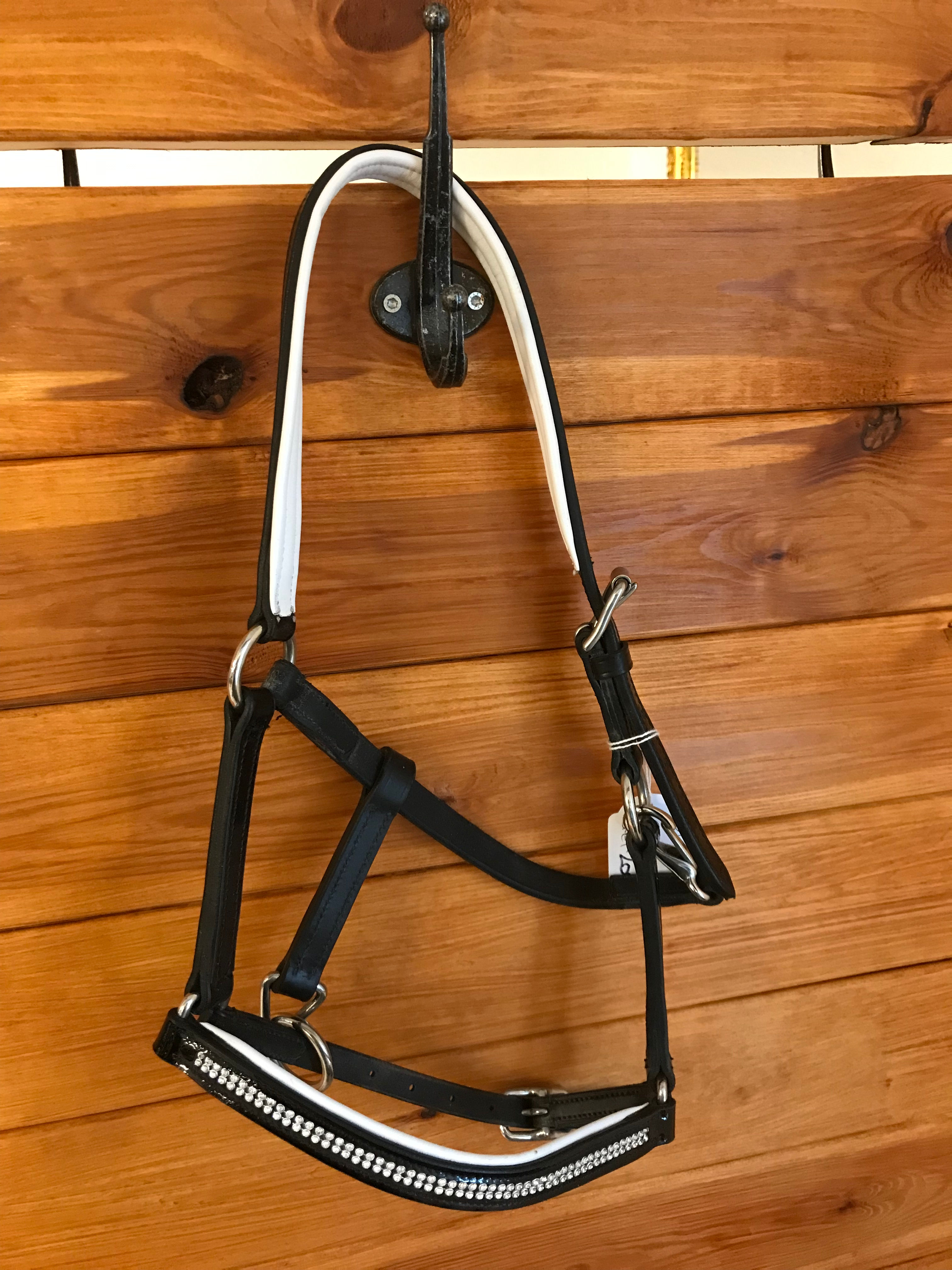 Læder grime m/sten og lak i sort, str shet/føl