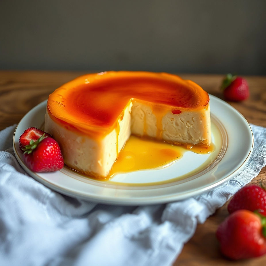 Caramel flan with a slice removed, strawberries