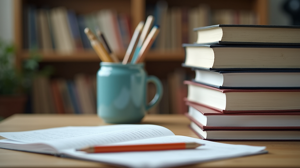 Close-up view of a stack of educational books and tools
