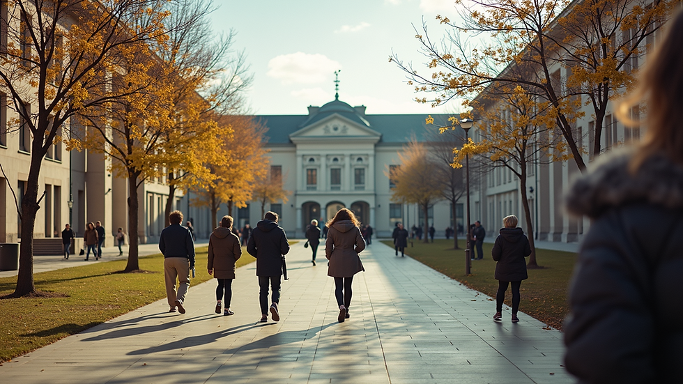 Wide angle view of a bustling European university campus