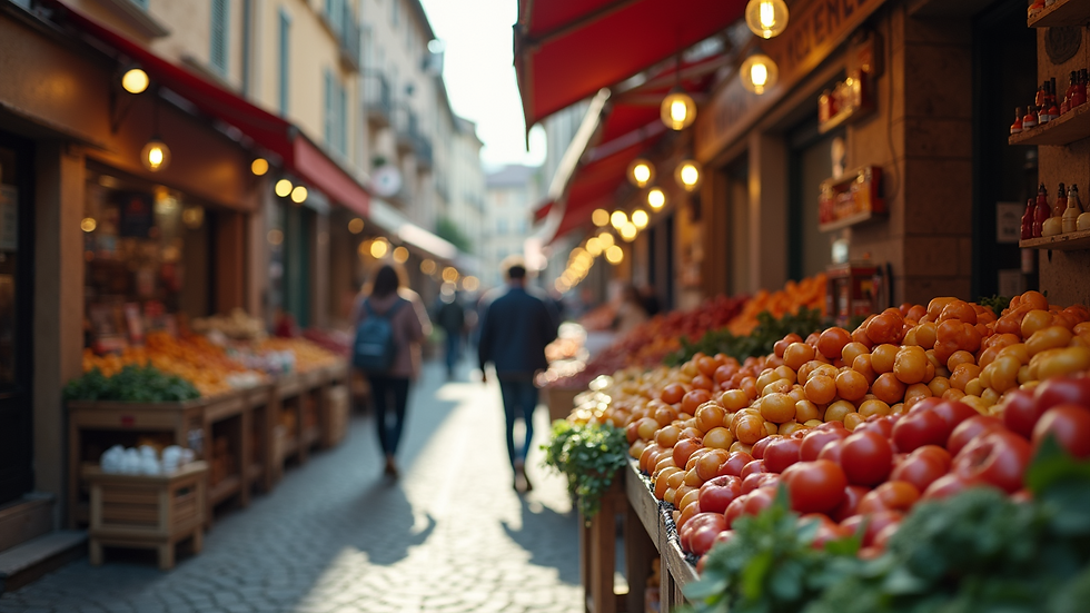 Eye-level view of a lively European marketplace