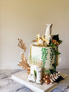 roman themed cake with gold leaves roman pillars and ivy leaves for a males 18th birthday Sydney cakes Sutherland shire cakes gluten free cake