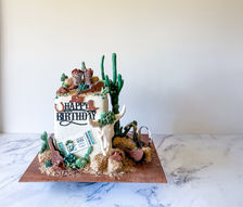 Lainey Wilson cowgirl cake, with hay bales, guitars and succulents for 30th birthday. Mosman cakes, Sydney cakes