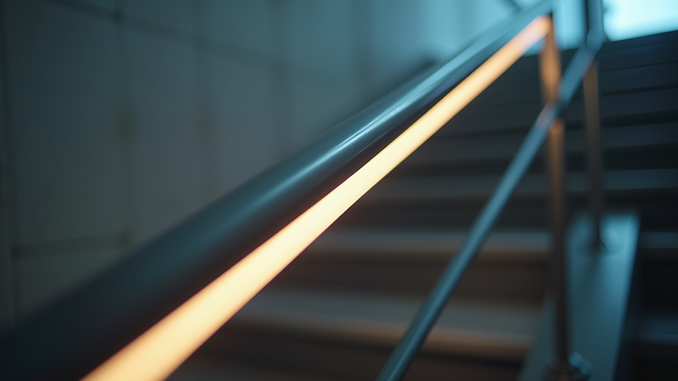 Close-up of stairs railing with integrated LED lighting and steel handrail