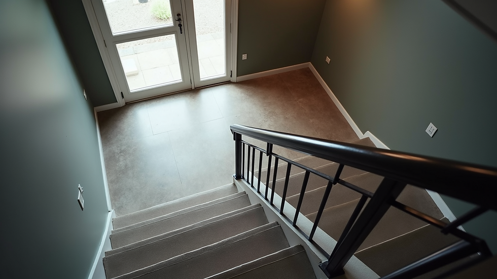 High angle view of a contemporary staircase with custom metal handrails