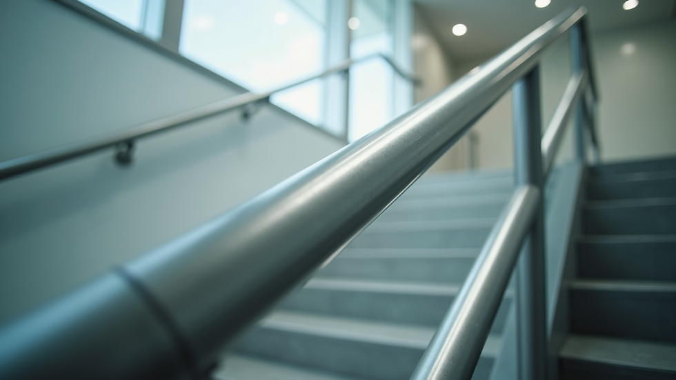 Eye-level view of sleek stainless steel handrail on modern staircase