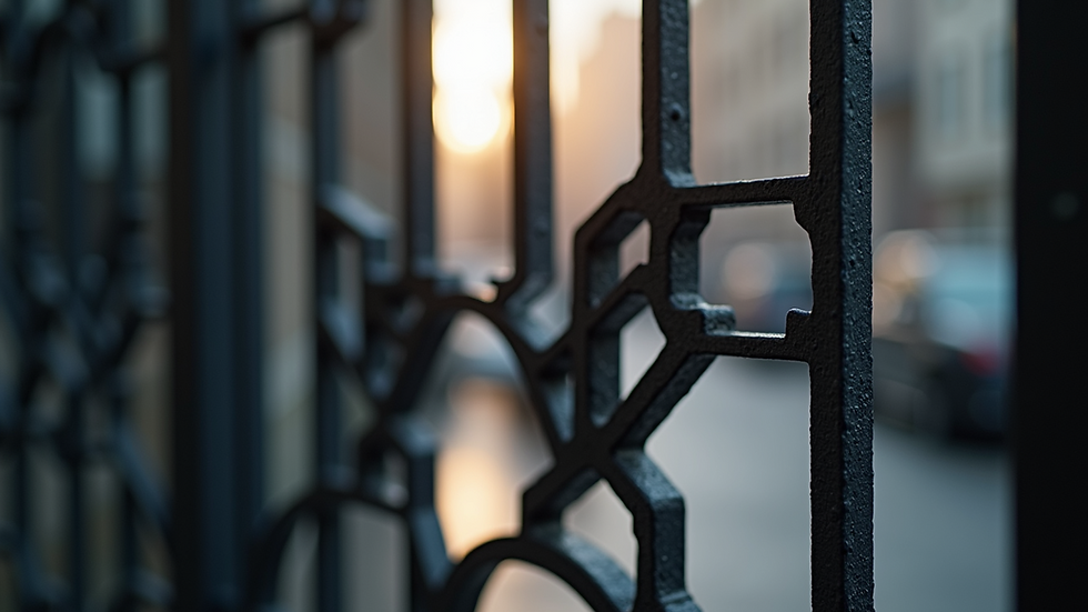 Close-up view of a modern minimalist iron gate with geometric patterns