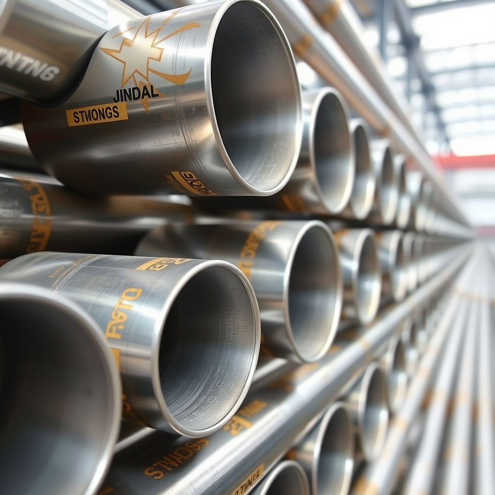 Stacked steel pipes with yellow text logos, including Jindal, in an industrial setting. Perspective view creates a sense of depth.
