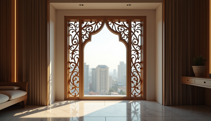 Eye-level view of a modern window frame with intricate design in Patna showroom
