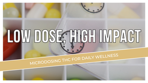 Featured blog image showing a weekly pill organizer with clocks and capsules, overlaid with the text “Low Dose, High Impact – Microdosing THC for Daily Wellness.”