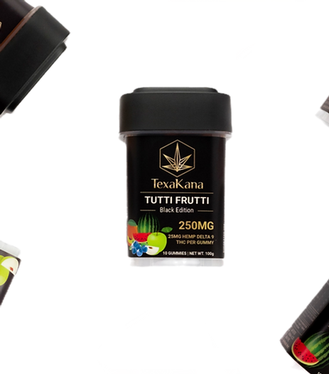 TexaKana Organics' Delta 9 THC Tutti Frutti gummies, Black Edition, showcased in eco-friendly reclaimed ocean plastic packaging, highlighting sustainability and premium cannabis edibles.