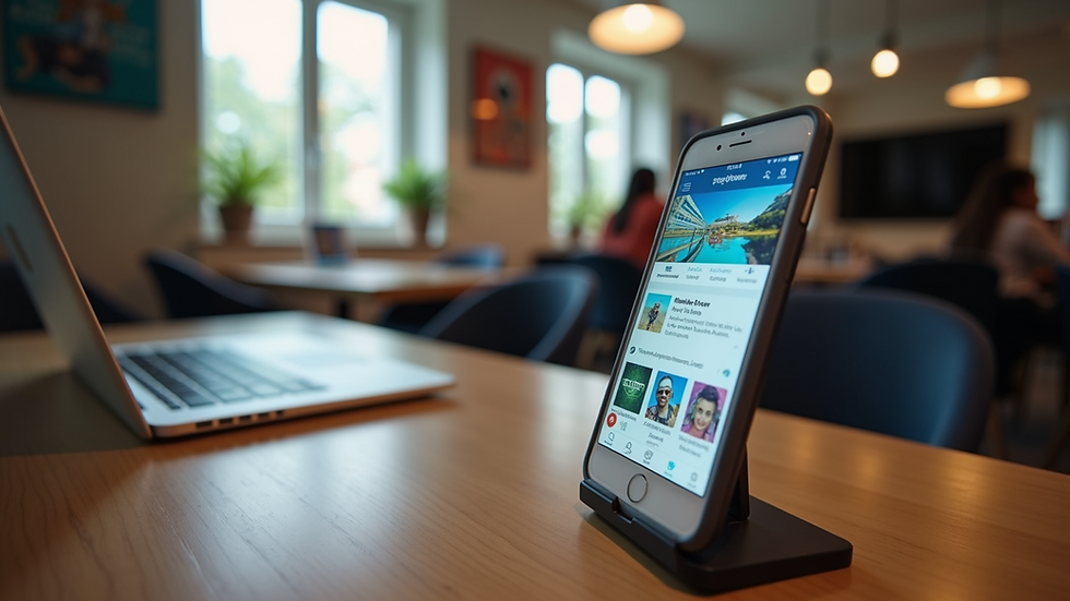Eye-level view of a smartphone displaying a vibrant social media feed on a wooden table