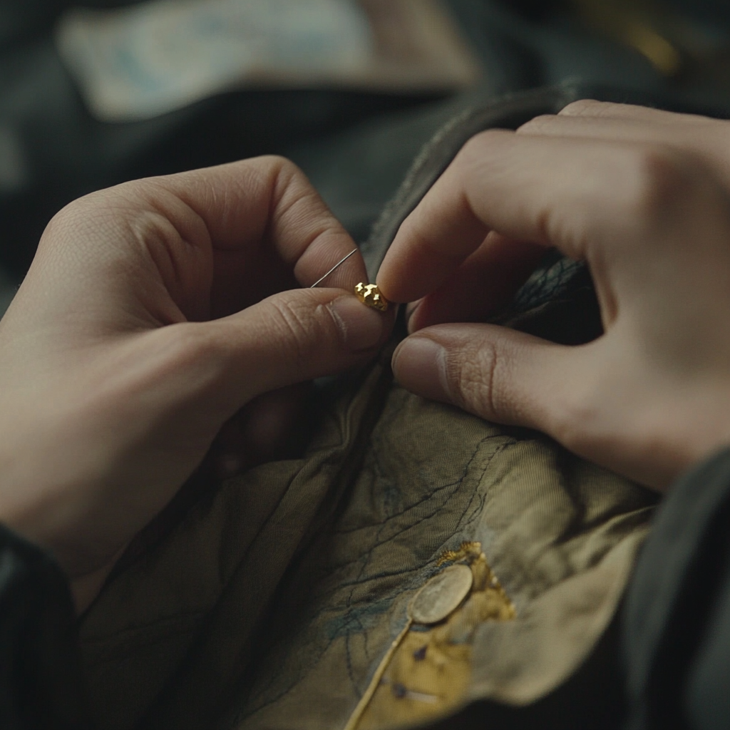 Stiching gold into clothing.