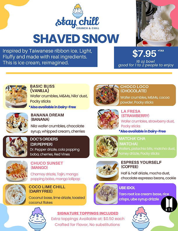 Crunch & Chill Menu featuring shaved snow desserts, Asian-inspired flavours, signature toppings, and Dairy-free options.