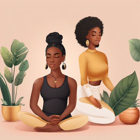 Two serene women in warm neutral attire meditating amidst lush greenery and delicate butterflies, embodying tranquility and harmony with nature.