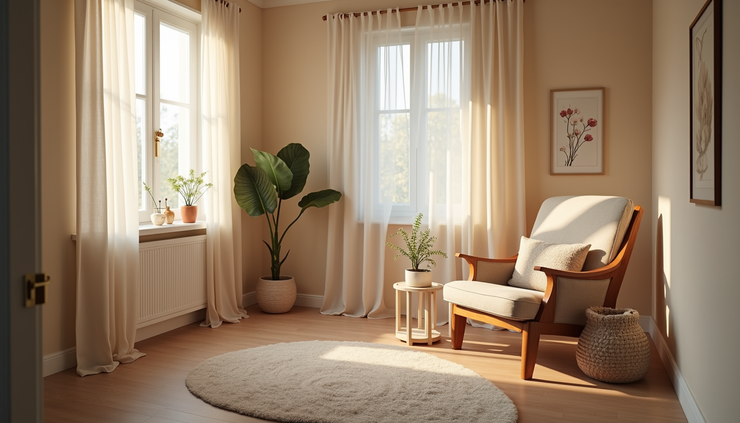 Eye-level view of a cozy therapy room with a comfortable chair and soft lighting
