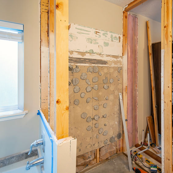 A walk-in shower remodel under construction. Framed with subfloor, curb, drain, cement boa