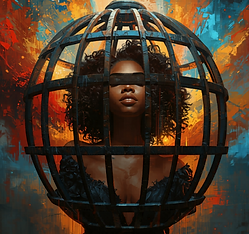 Portrait of a woman with a black blindfold inside a dark cage-like sphere, against a fiery orange and blue abstract background.