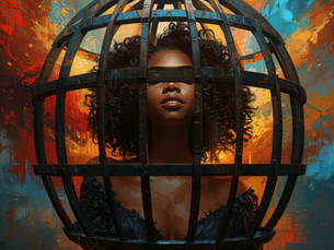 Portrait of a woman with a black blindfold inside a dark cage-like sphere, against a fiery orange and blue abstract background.
