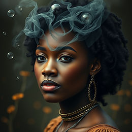 Woman with intricate hairstyle and smoky headdress against a blurred green background. She wears hoop earrings and layered necklaces, creating a serene mood.